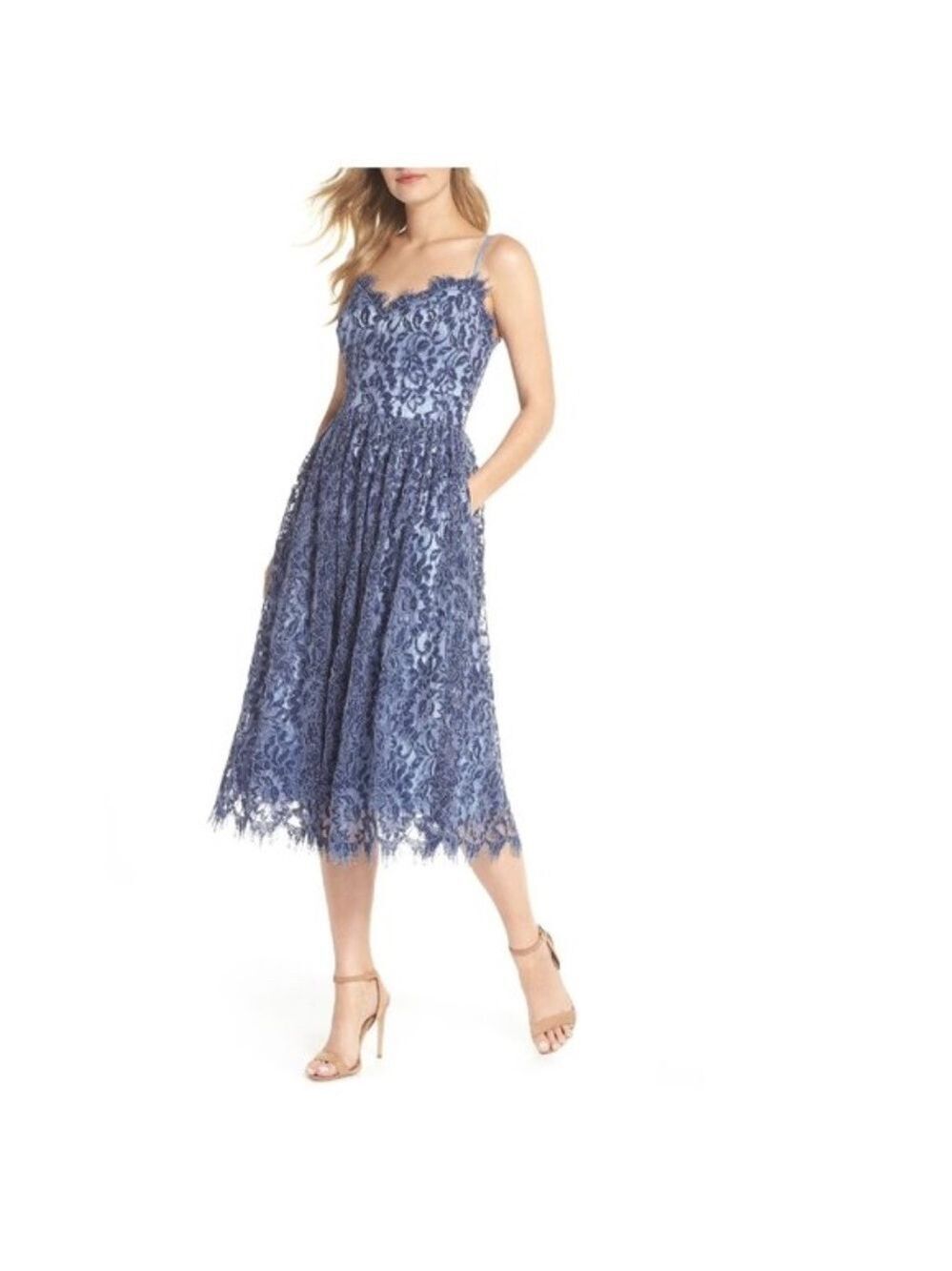 Eliza J Gathered Lace Midi Dress